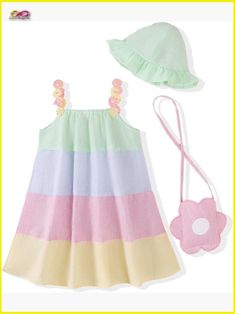 Toddler Girls 3-Piece Summer Dress Set Sleeveless Sundress With Bag And Hat
